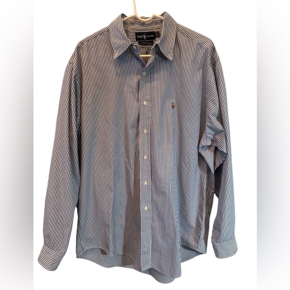 Ralph Lauren Button Down Mens Blue Stripe Oxford Button Shirt LS Sz 16 1/2-35 Lg